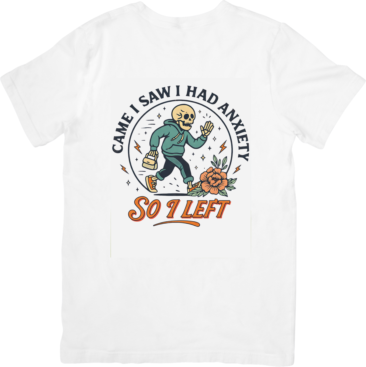 Came I Saw I Had Anxiety So I Left Skeleton T-Shirt | Funny Retro Mental Health Graphic Tee