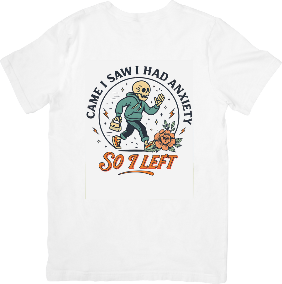 Came I Saw I Had Anxiety So I Left Skeleton T-Shirt | Funny Retro Mental Health Graphic Tee