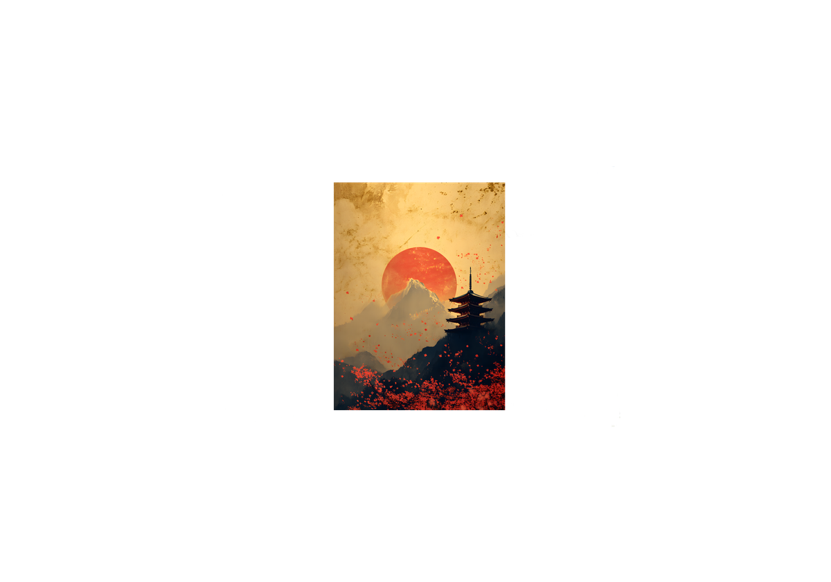 Japanese Pagoda Sunset Throw Pillow | Red Sun Mountain Decorative Pillow | Zen Asian Decor Gift