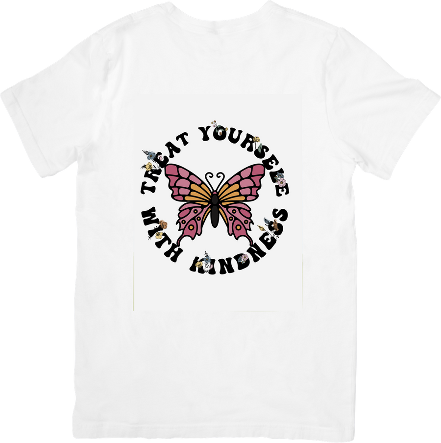 Treat Yourself With Kindness Butterfly T-Shirt | Pink Butterfly Graphic Tee | Self Love Gift