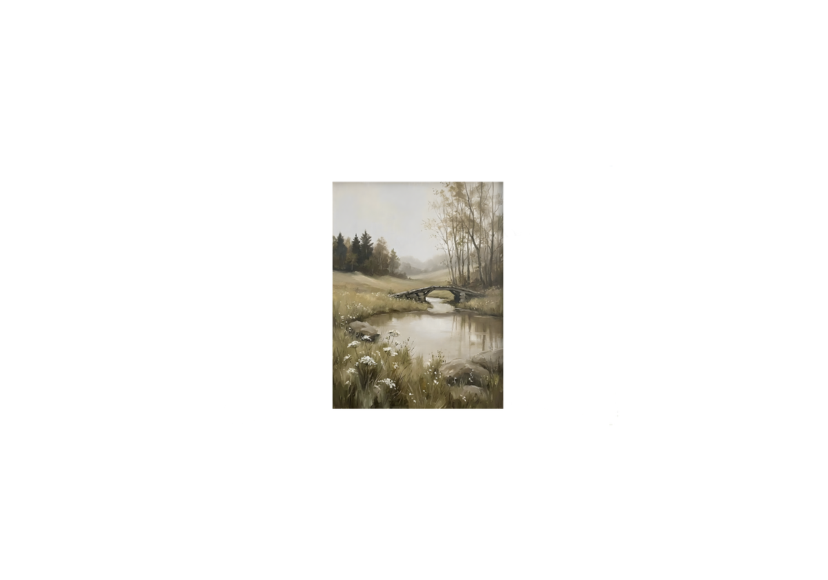 Countryside Bridge Landscape Throw Pillow | Muted Watercolor Meadow Decorative Pillow | Rustic Home Gift