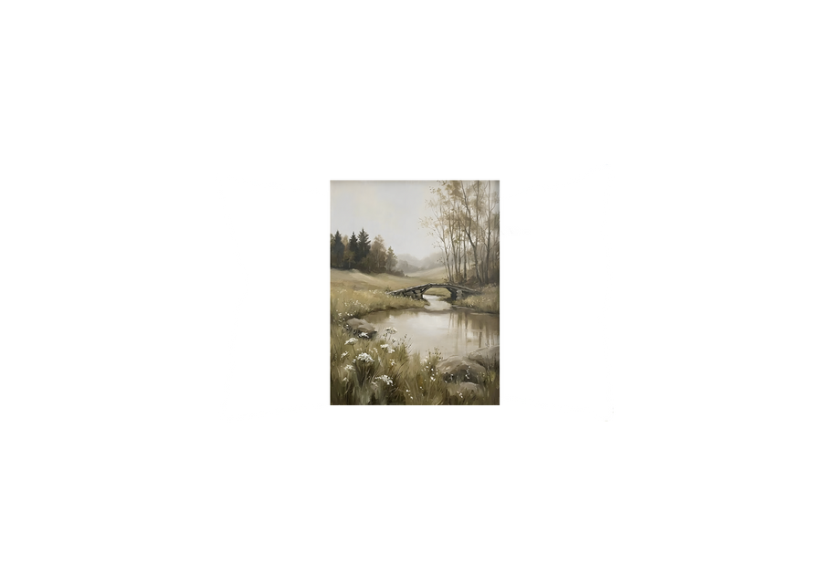 Countryside Bridge Landscape Throw Pillow | Muted Watercolor Meadow Decorative Pillow | Rustic Home Gift