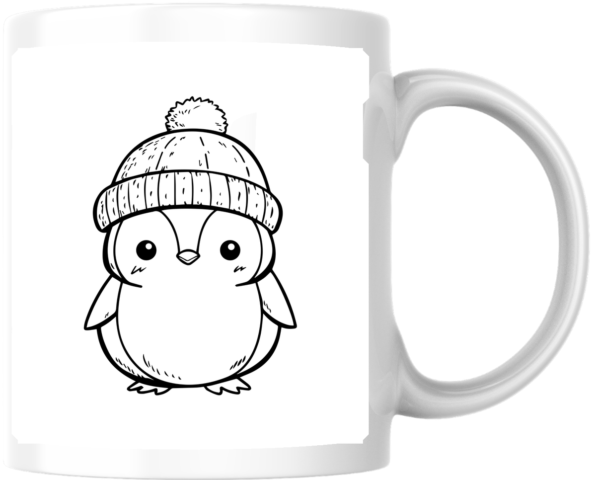 Cute Penguin In Beanie Mug | Black Line Art Winter Coffee Mug | Kids Holiday Gift
