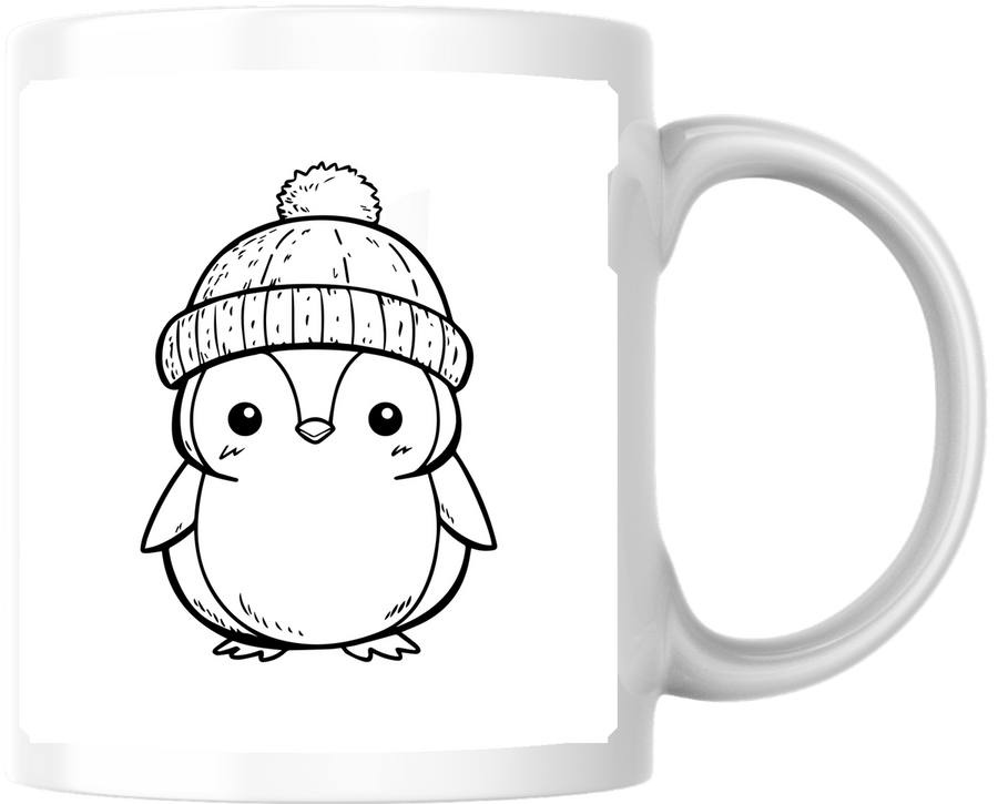 Cute Penguin In Beanie Mug | Black Line Art Winter Coffee Mug | Kids Holiday Gift