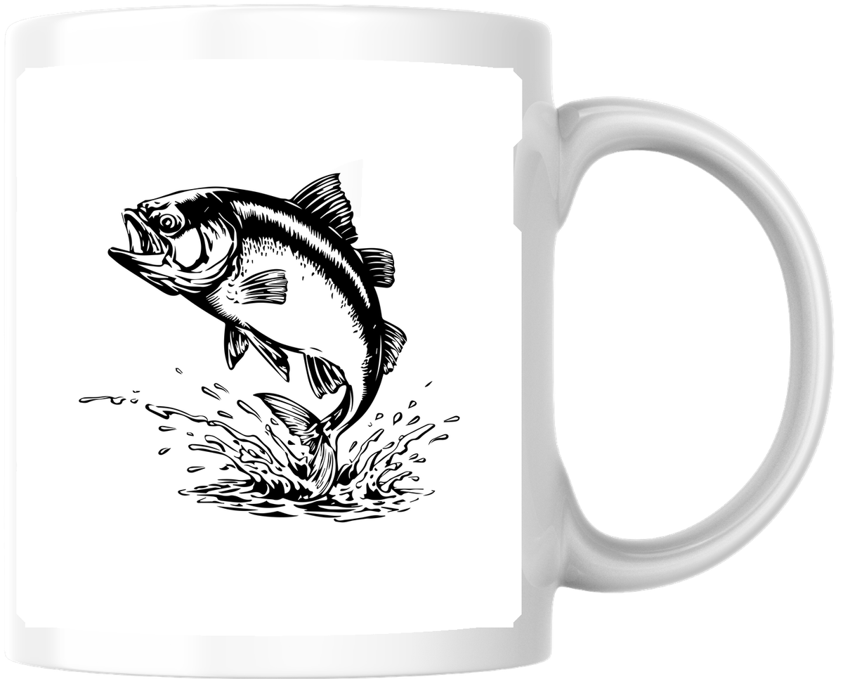 Jumping Bass Fish Mug | Black & White Fishing Coffee Mug | Angler Fisherman Gift