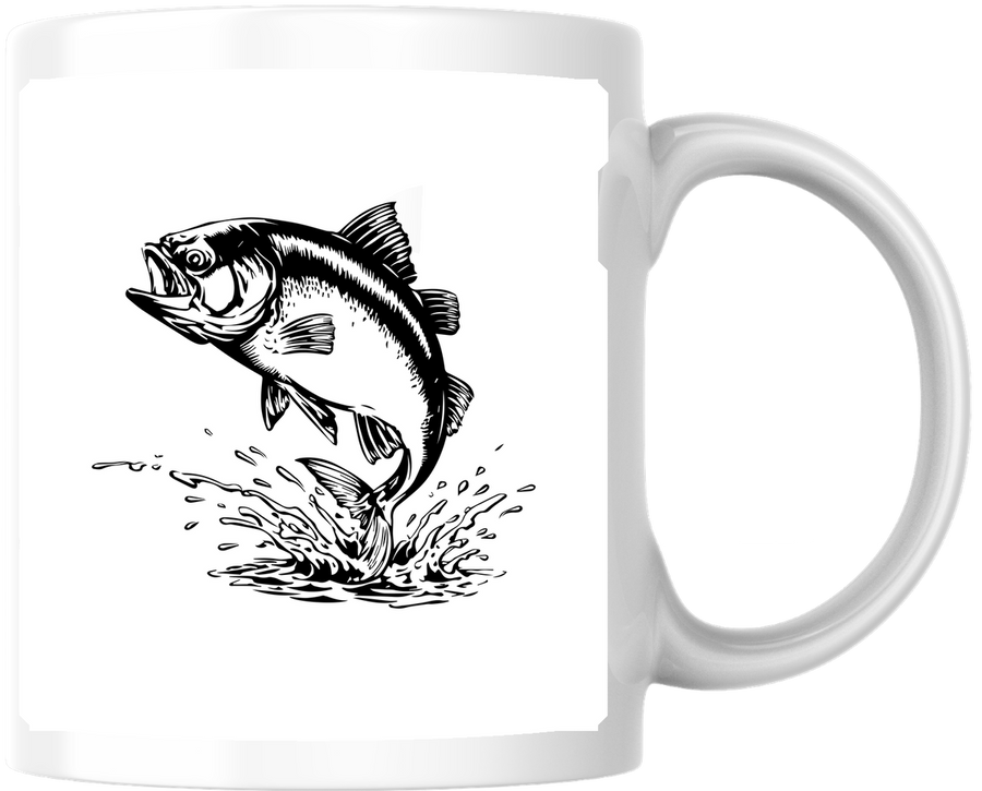 Jumping Bass Fish Mug | Black & White Fishing Coffee Mug | Angler Fisherman Gift