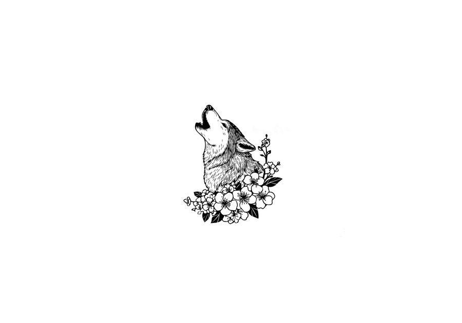 Howling Wolf Floral Throw Pillow | Black Ink Wildflower Decorative Pillow | Nature Lover Gift
