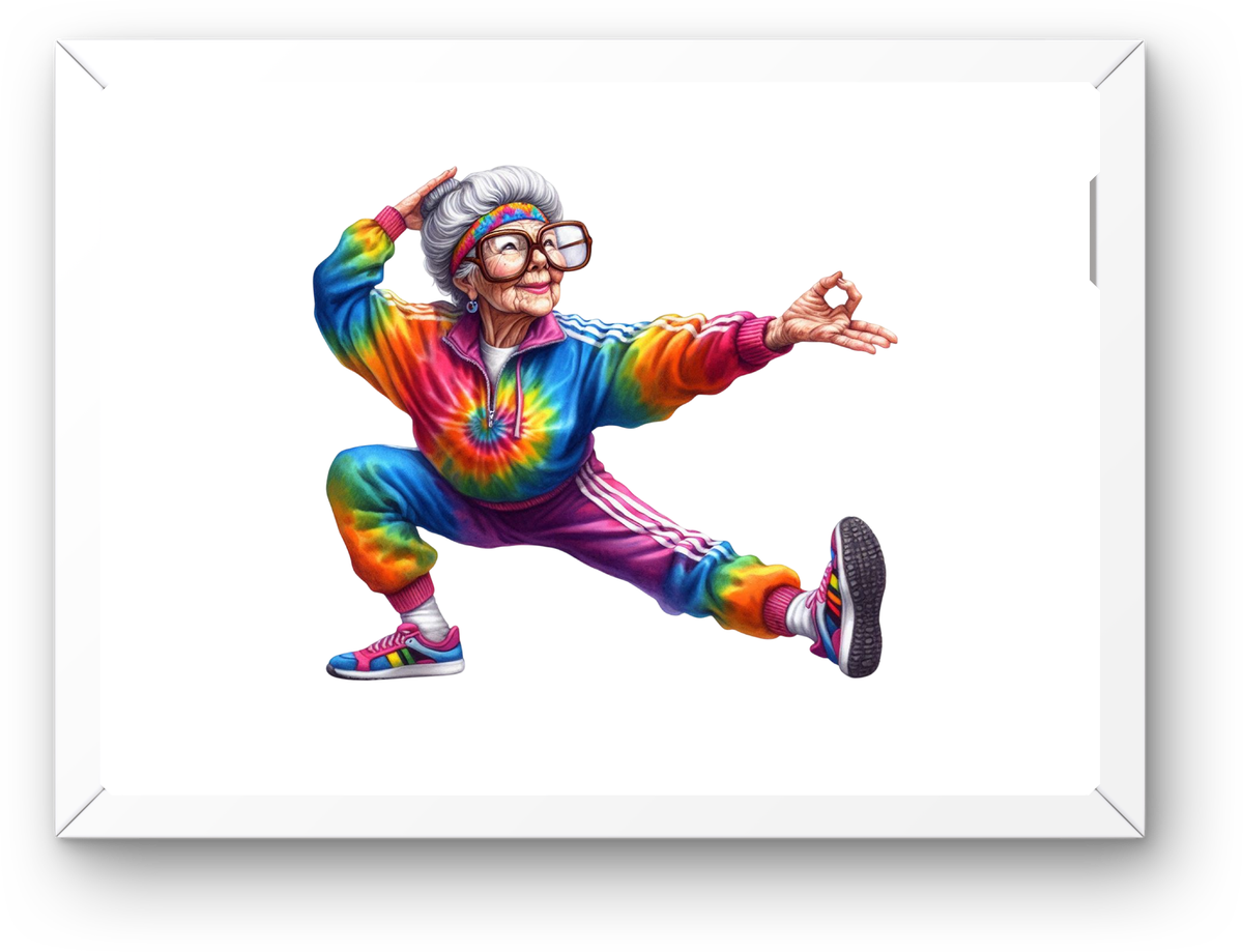 Cool Granny Yoga Wall Art | Tie-Dye Breakdancing Grandma Print | Funny Senior Gift