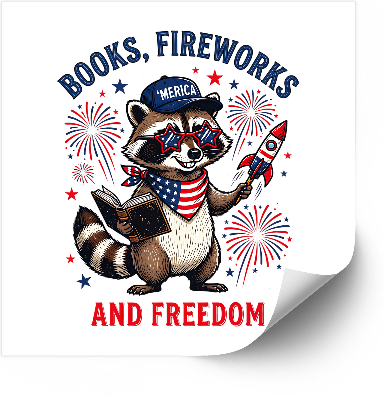 Books Fireworks and Freedom Raccoon Sticker | Funny Patriotic Fourth of July Vinyl Decal