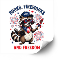 Thumbnail for Books Fireworks and Freedom Raccoon Sticker | Funny Patriotic Fourth of July Vinyl Decal